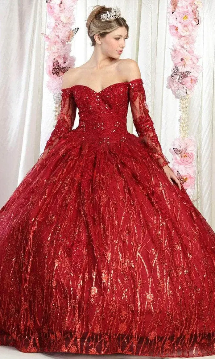 Vestido de 15 años Off Shoulder con manga larga decorado con apliques y decoraciones de glitter falda corte princesa
