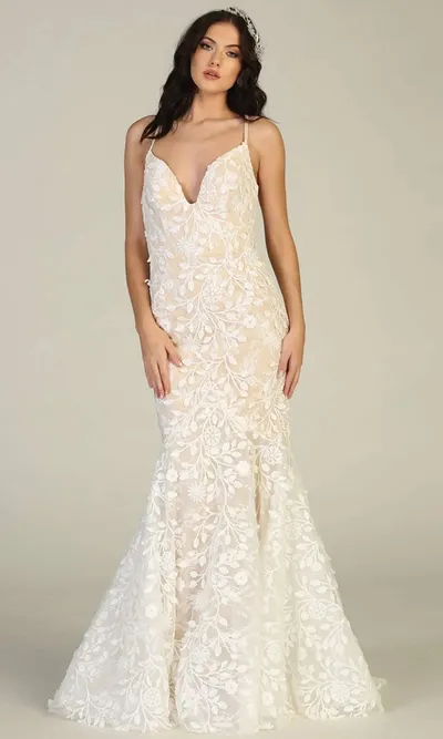 Vestido de Novia de tiras ajustado color Blanco decorado con apliques y falda corte Sirena