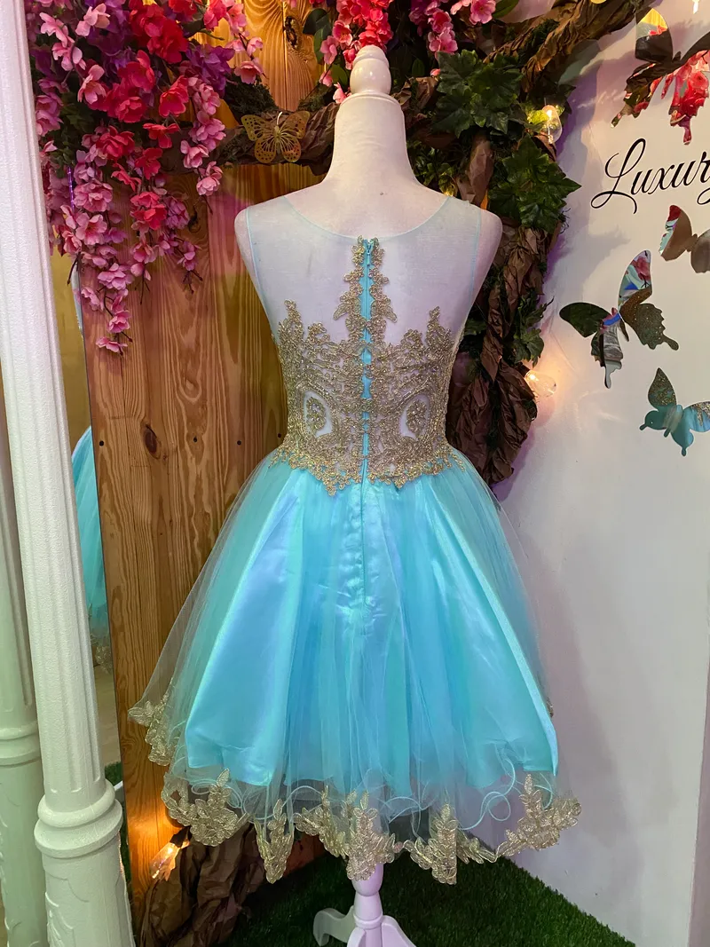 Vestido corto de Quinceañera decorado con apliques dorados en Top y falda corte A de Tul
