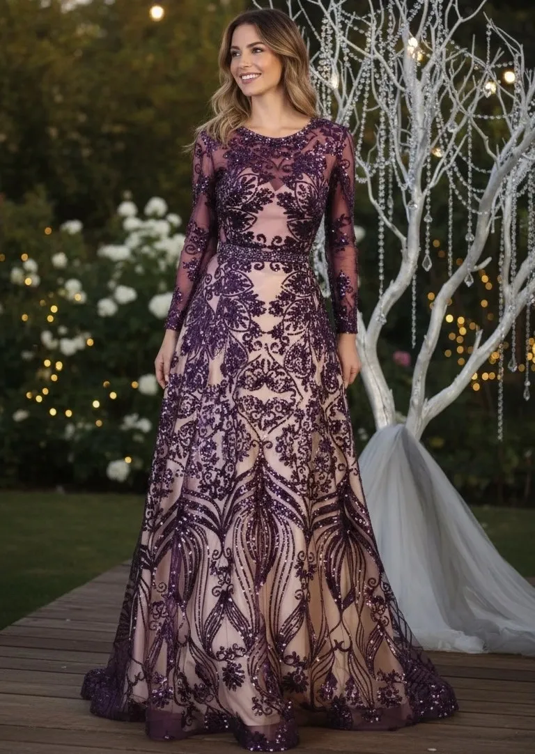 Vestido de Gala manga larga con transparecia decorado con apliques de flores en lentjuelas y falda corte A