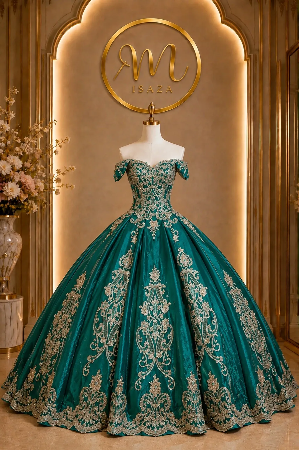 Vestido de 15 años Off Shoulder decorado con apliques dorados y falda corte Princesa
