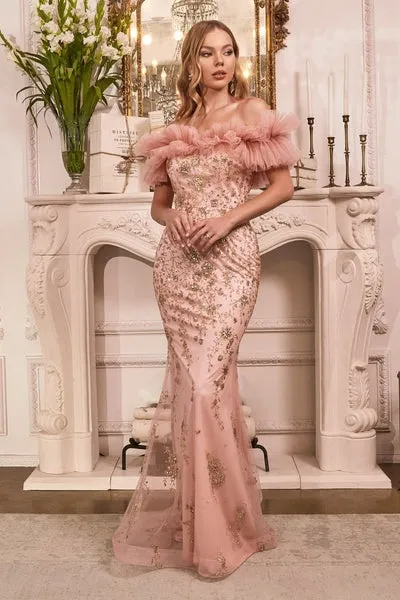 Vestido de Gala Off Shoulder en tela decorada con apliques en Glitter dorados