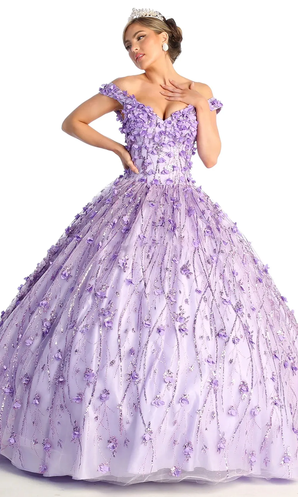Vestido de 15 años Off Shoulder estilo corset decorado con flores en 3D y decoraciones en glitter falda corte princesa