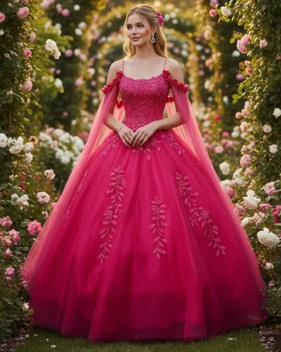 Vestido de 15 años de tiras con capas en mangas, estilo corset decorado con apliques de flores