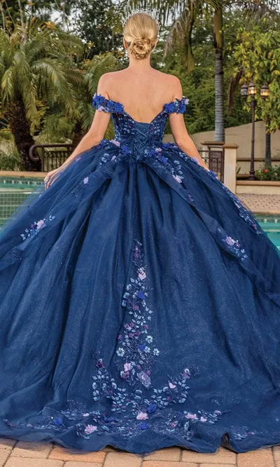 Vestido de 15 años Off Shoulder estilo corset decorado con apliques de flores multicolor con falda corte princesa