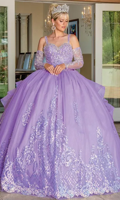 Vestido de 15 años color Lila Off-Shoulder manga larga semi-transparente decorado con apliques y falda corte princesa