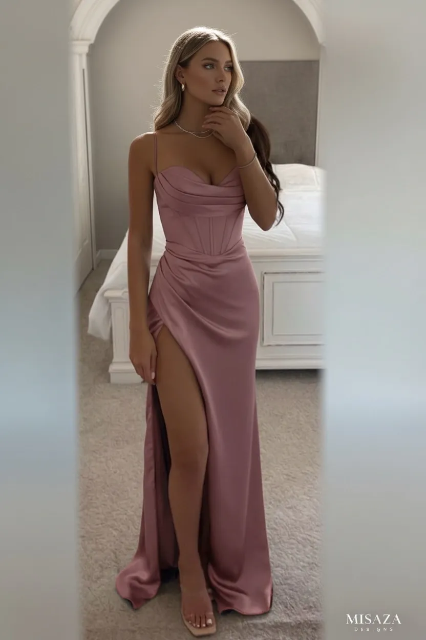 Vestido de gala de tiras ajustado drapeado en top y corte lateral