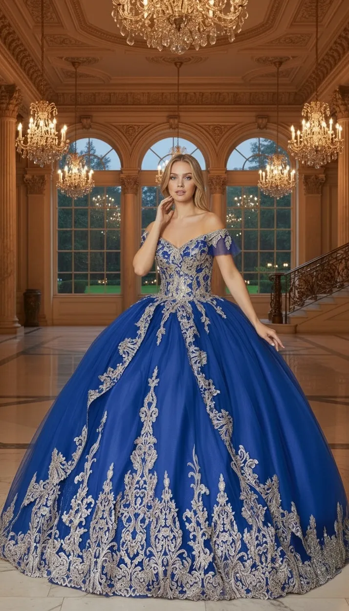 Vestido de 15 años Off Shoulder decorado con apliques y falda corte Princesa