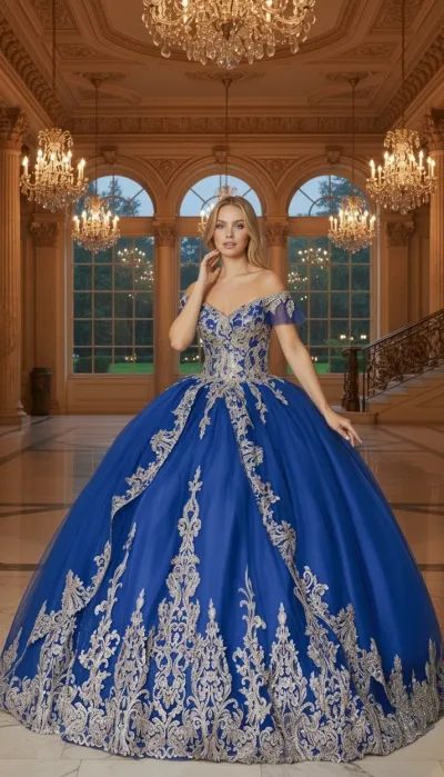 Vestido de 15 años Off Shoulder decorado con apliques y falda corte Princesa