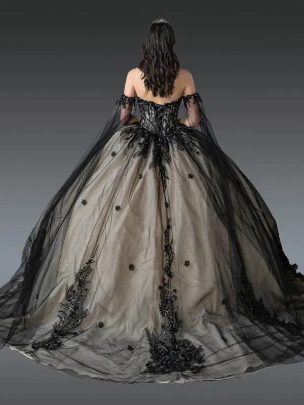 Vestido de 15 años Off Shoulder estilo corset con base Nude decorado con apliques de flores con falda corte princesa