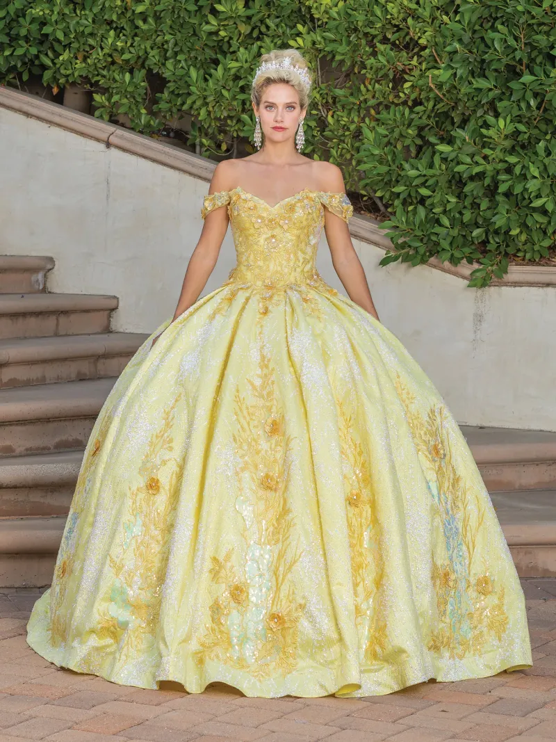 Vestido de 15 años Off Shoulder en tela de Glitter decorado con apliques de flores y falda corte Princesa