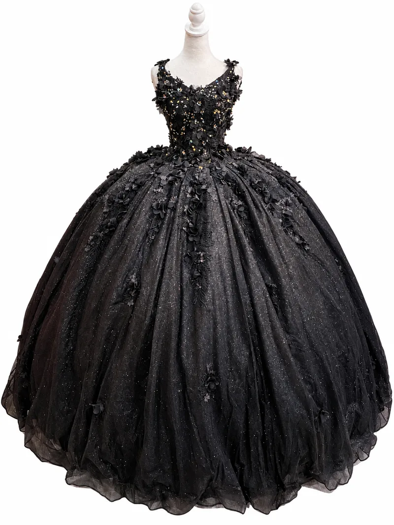 Vestido de gala negro con flores y brillo