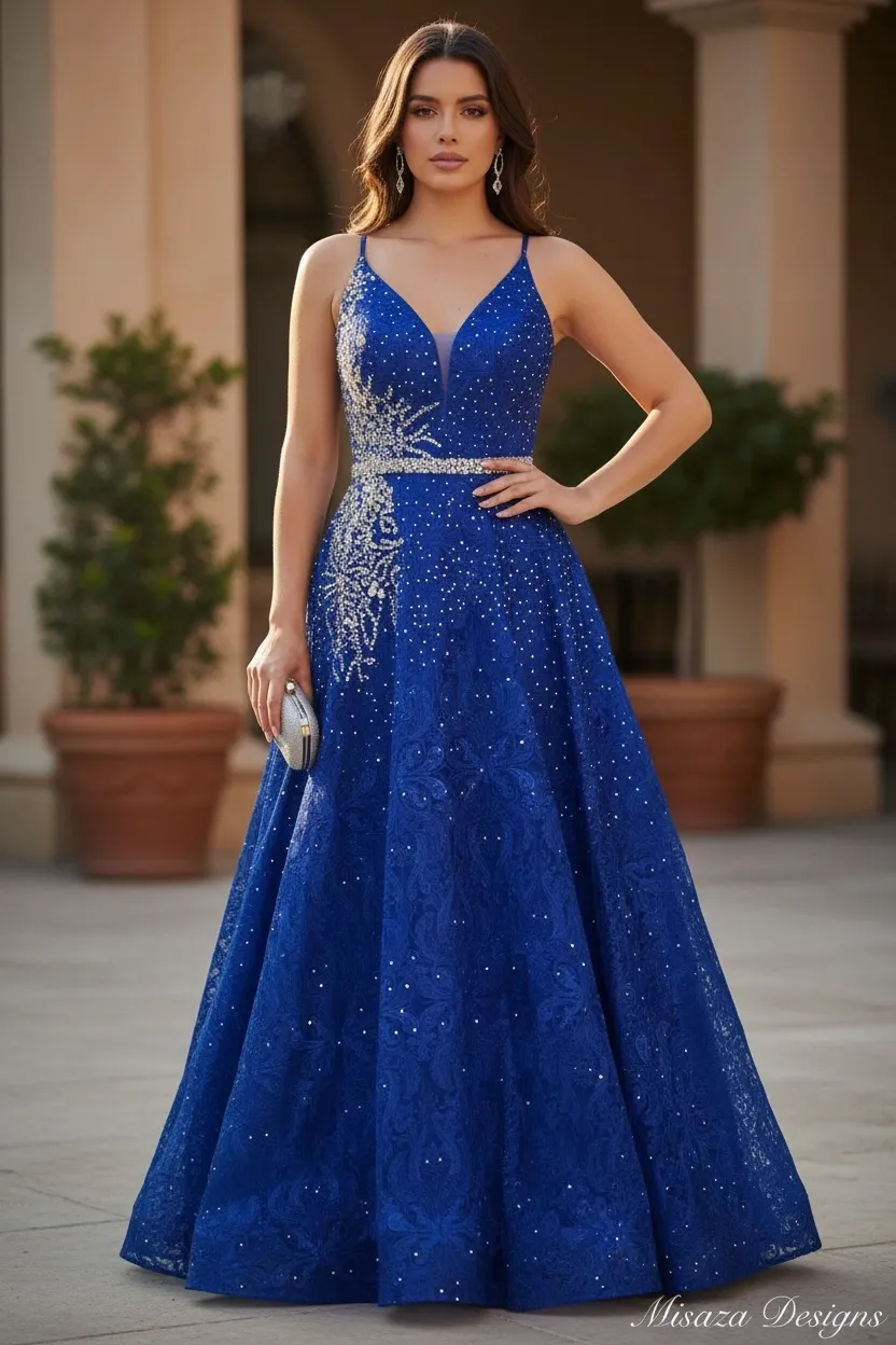 Vestido de Gala de tiras color Azul Royal decorado con pedreria y falda corte A