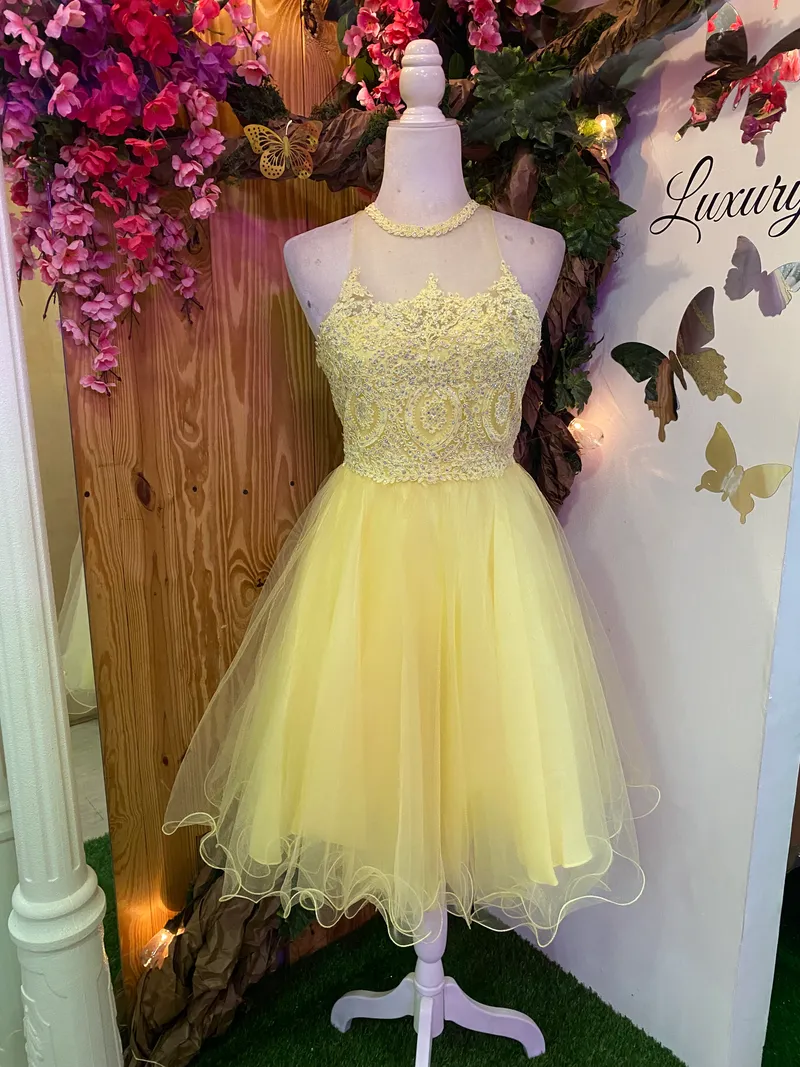 Vestido corto de Quinceañera cuello Halter decorado con pedreria y falda corte A de Tul