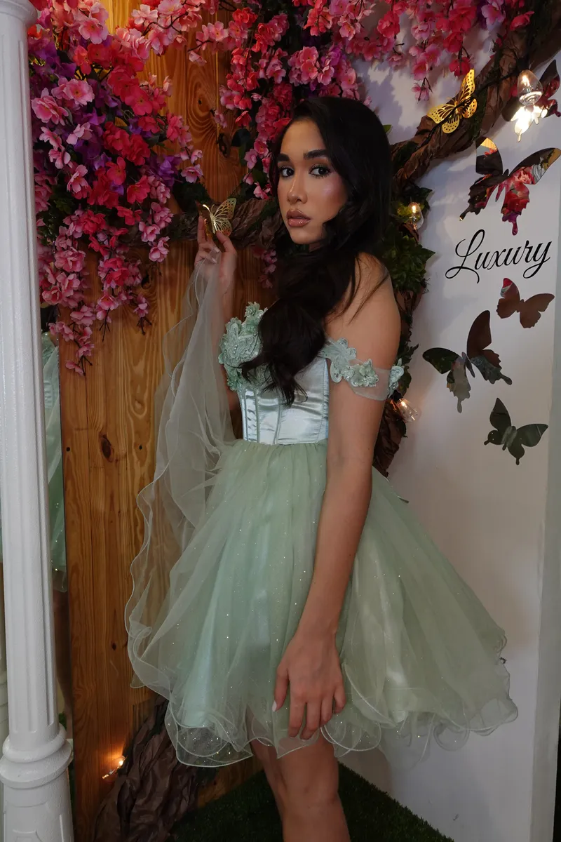 Vestido de Quinceañera corto Off Shoulder estilo corset decorado con apliques de flores y mariposas en Top