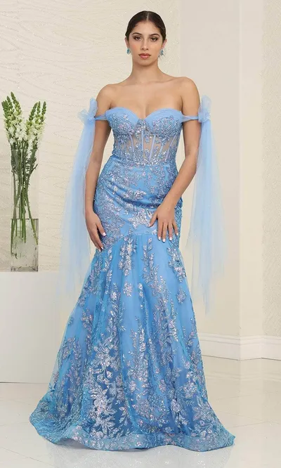 Vestido de Gala Off Shoulder estilo corset con transparencia decorado con Glitter y falda corte Sirena