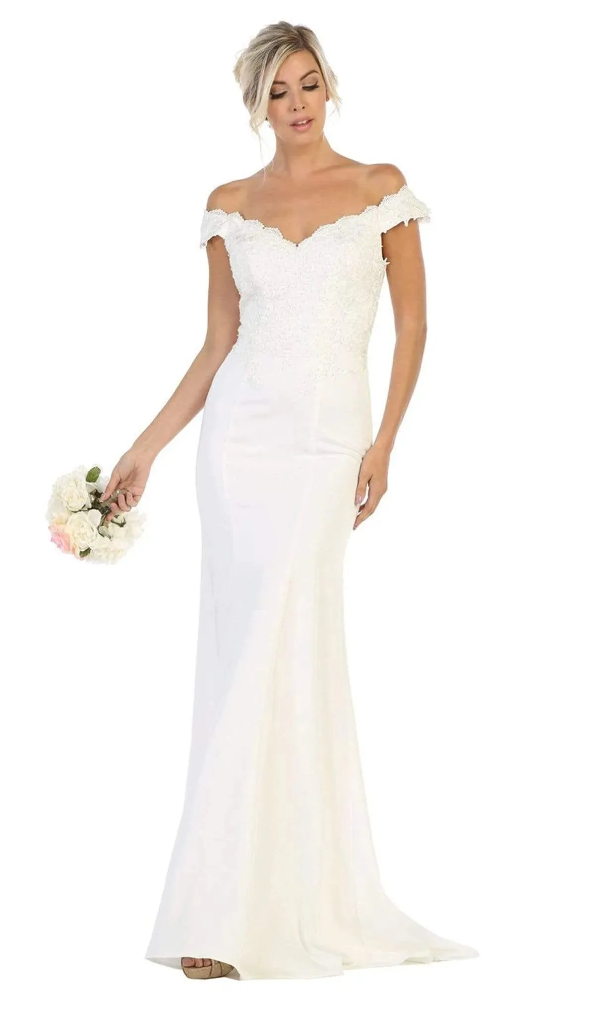Vestido de Novia Off Shoulder ajustado color Blanco decorado con apliques