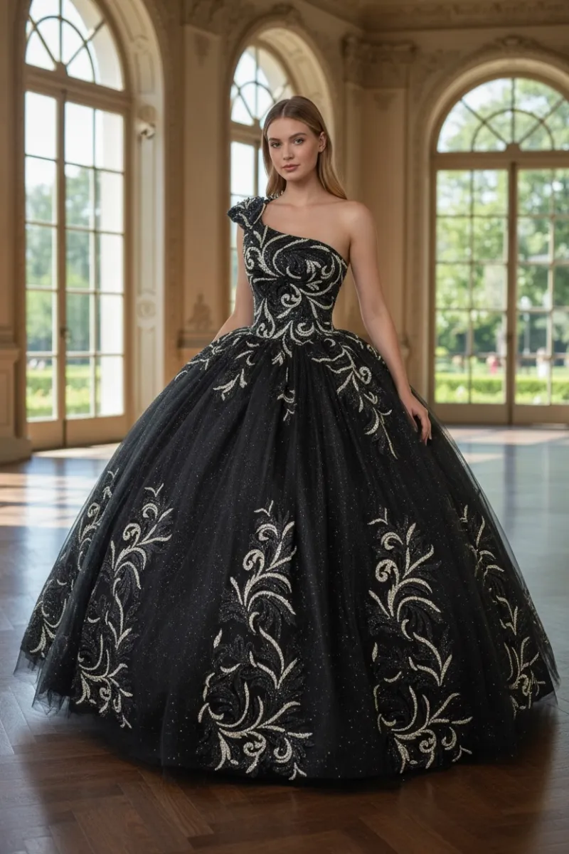 Vestido de 15 años One Shoulder decorado con apliques de Glitter y falda corte Princesa con cola