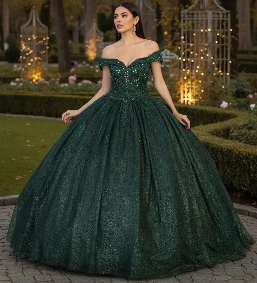 Vestido de 15 años Off Shoulder en tela de Glitter decorada con pedrería en Top y falda corte Princesa