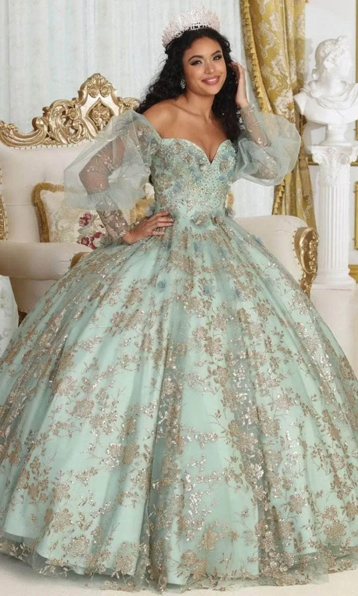 Vestido de 15 años Off Shoulder con mangas abullonadas decorado con apliques de flores en dorado