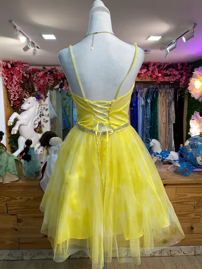 Vestido de Quinceañera corto de tiras en tela de Tull y  falda corte A