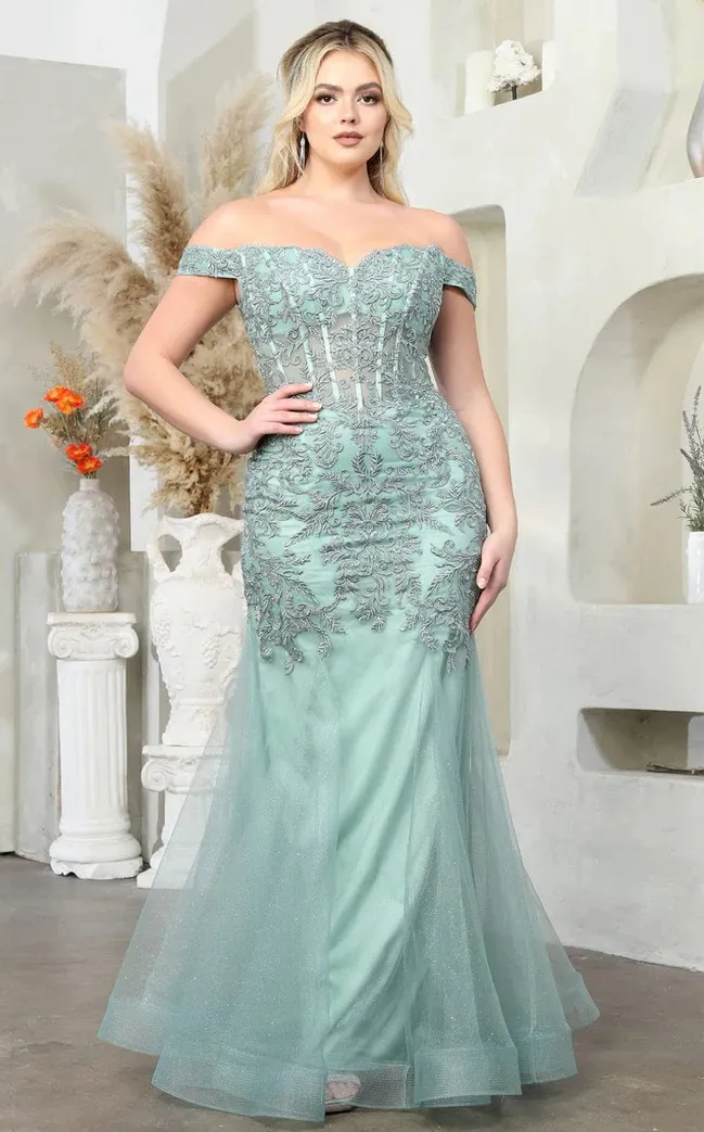 Vestido de Gala Off Shoulder decorado con apliques estilo corset y falda corte Sirena de Tul