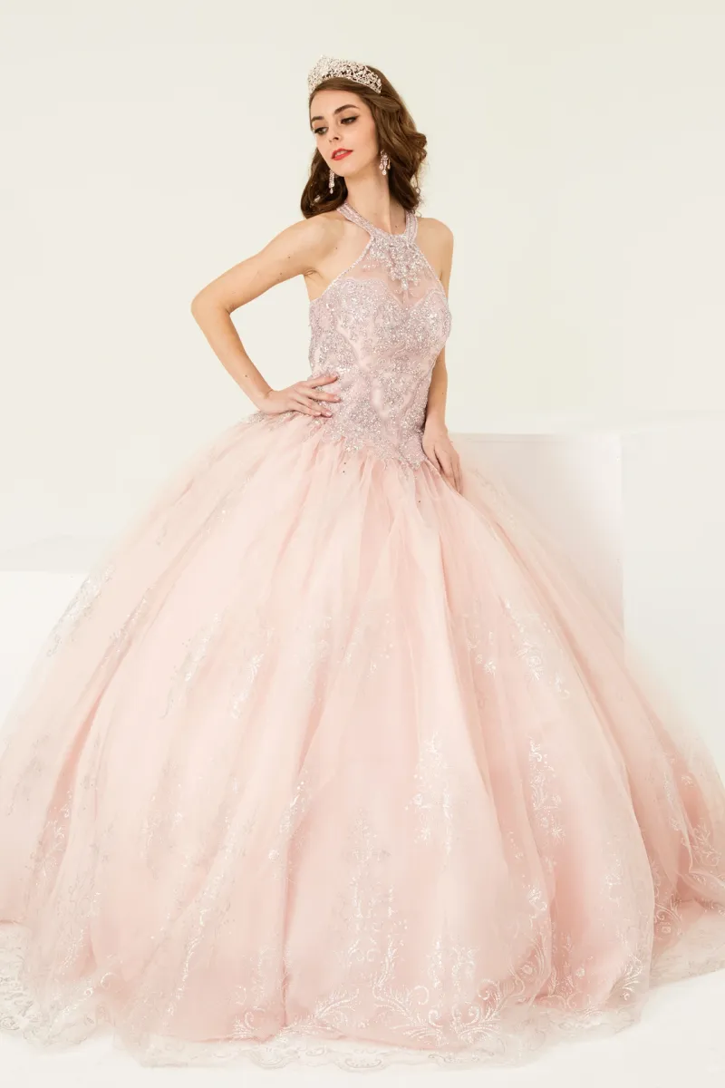 Vestido de 15 años cuello Halter con apliques y pedrería en Top, detalles de Glitter en falda
