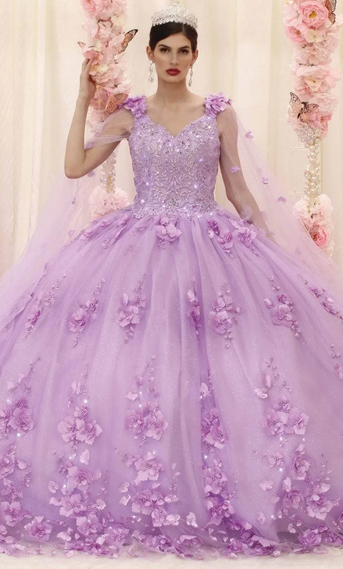Vestido de 15 años de tiras decorado con apliques y flores en 3D en tela de glitter falda corte princesa con luces LED