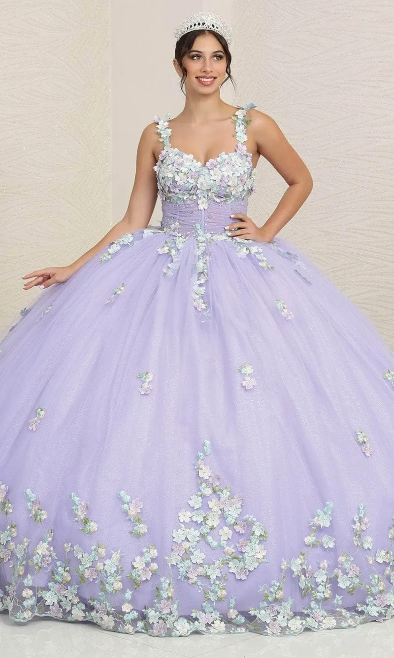 Vestido de 15 años decorado con apliques de flores en 3D y falda corte Princesa con Lazo