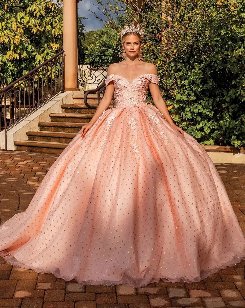 Vestido de 15 años Off Shoulder estilo corset decorado con flores 3D en Top y falda corte Princesa