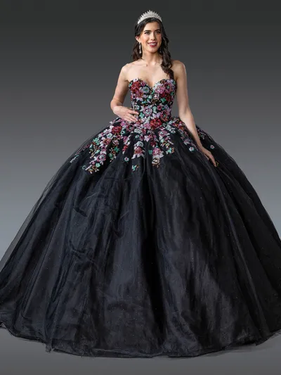 Vestido de 15 años strapless color Negro decorado con apliques de Flores multicolor en Glitter y Pedreria