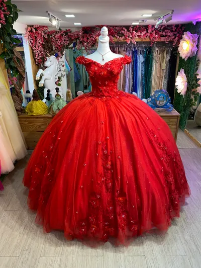 Vestido de 15 años Off Shoulder estilo corset decorado con flores en 3D