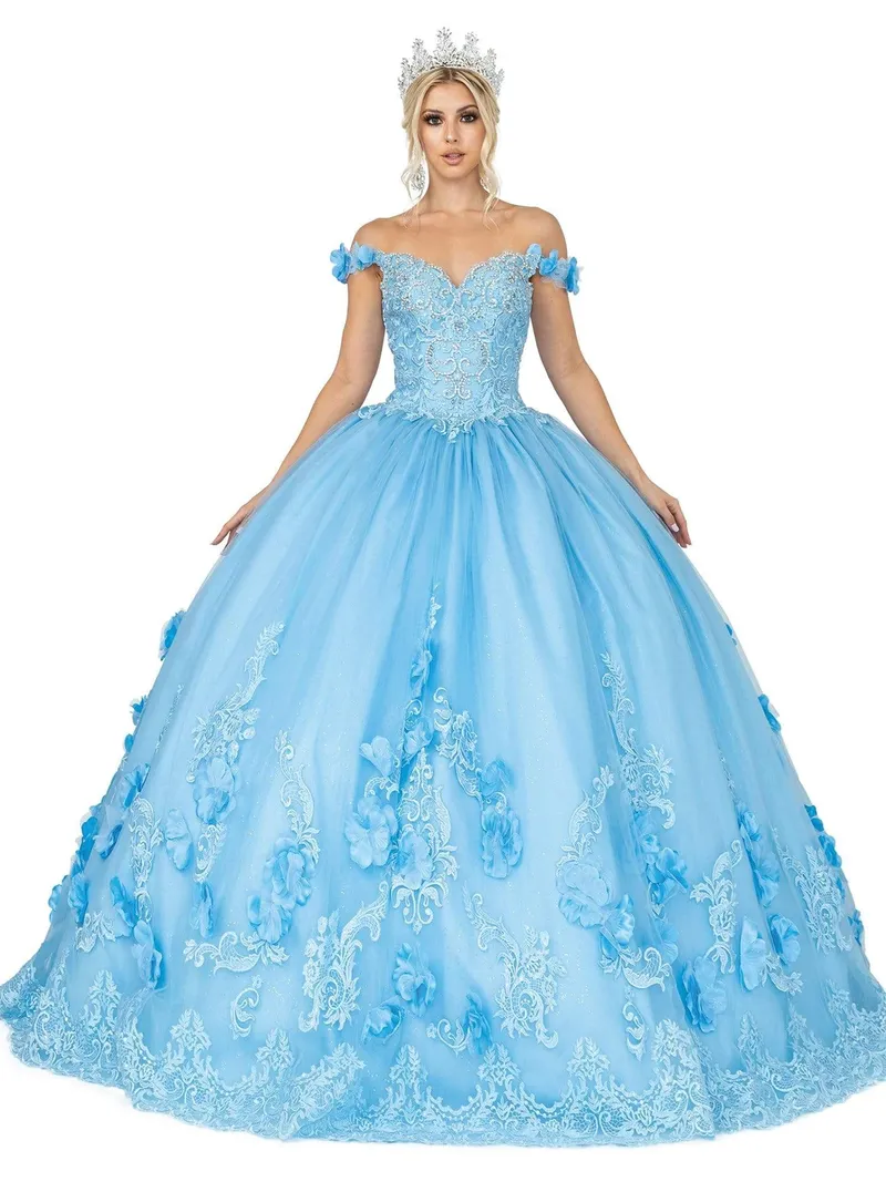 Vestido de 15 años decorado con pedreria en Top, falda corte Princesa decorada con apliques de Flores y Glitter