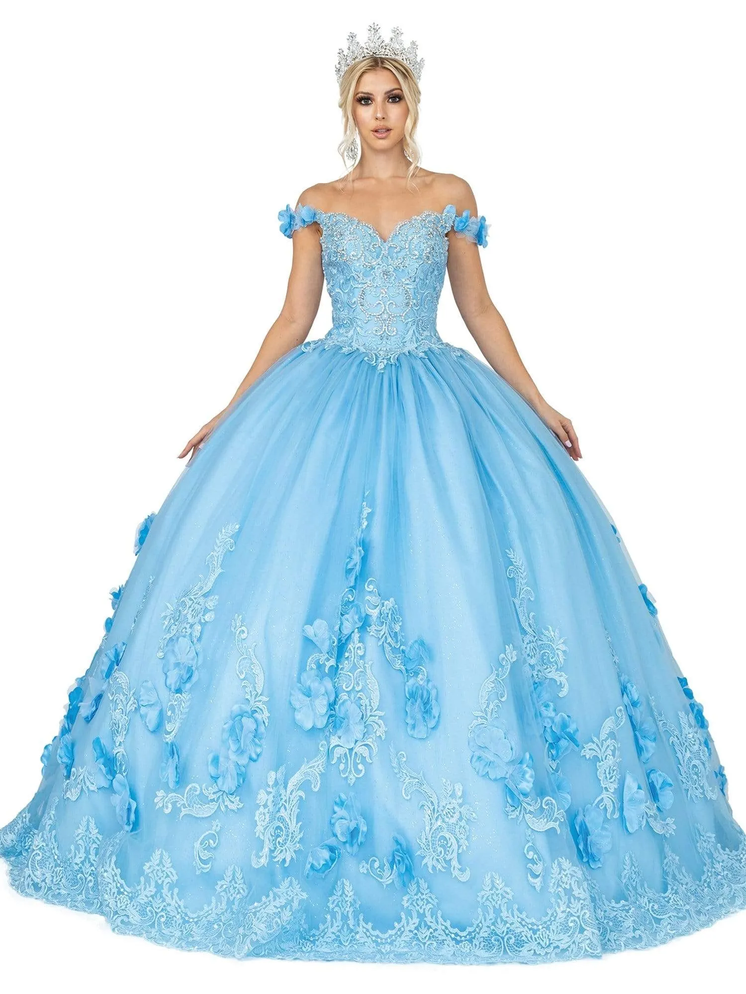 Vestido de 15 años decorado con pedreria en Top, falda corte Princesa decorada con apliques de Flores y Glitter