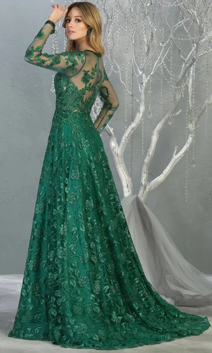 Vestido de Gala manga larga decorado con apliques de flores y glitter color Verde Esmeralda falda corte A