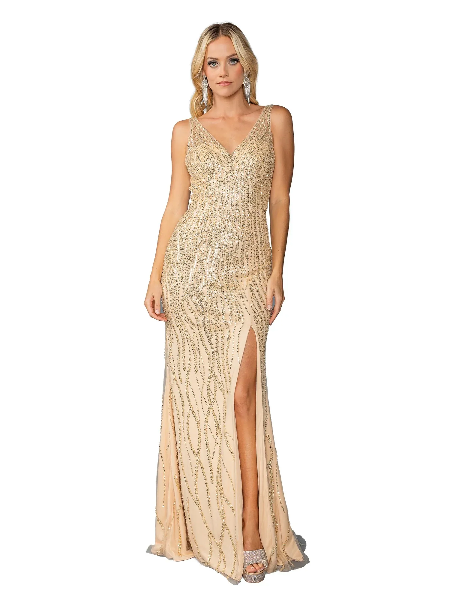 Vestido de Gala en tela decorada con pedrería, escote en V y espalda descubierta