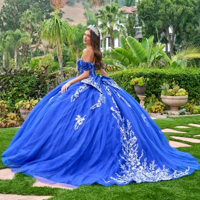 Vestido de 15 años Imperium Off Shoulder falda corte Princesa con cola y lazo
