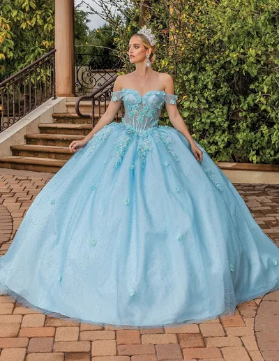 Vestido de 15 años Off Shoulder estilo corset con transparencia decorado con flores en 3D y falda corte Princesa con cola