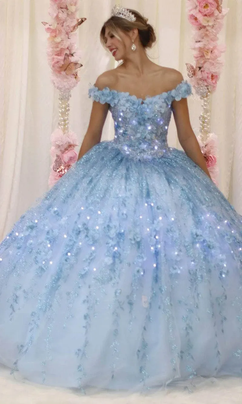 Vestido de 15 años Off Shoulder decorado con apliques y flores en 3D en tela de glitter falda corte princesa con luces LED