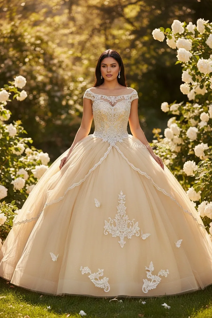 Vestido de 15 años de manga corta decorado con apliques en Top y falda corte Princesa