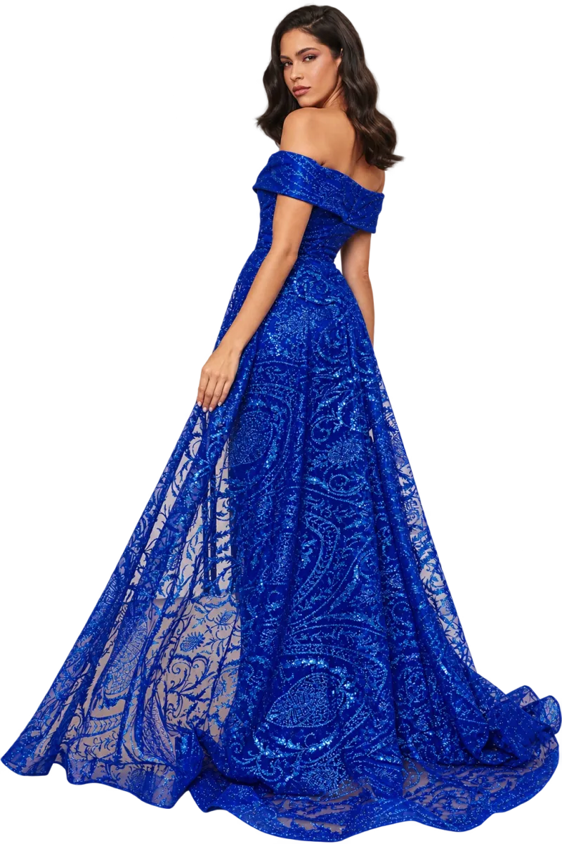 Vestido de gala Off Shoulder color Azul Royal decorado con glitter en falda corte A