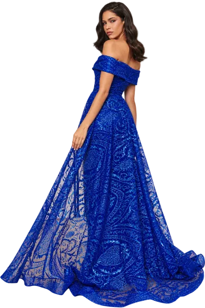 Vestido de gala Off Shoulder color Azul Royal decorado con glitter en falda corte A