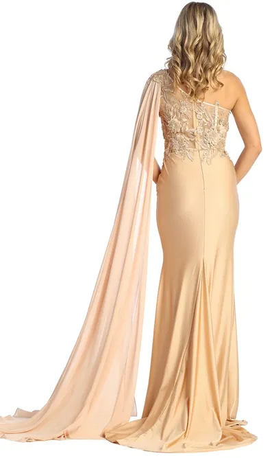 Vestido de Gala One Shoulder ajustado, decorado con apliques de flores en Top y manga con capa