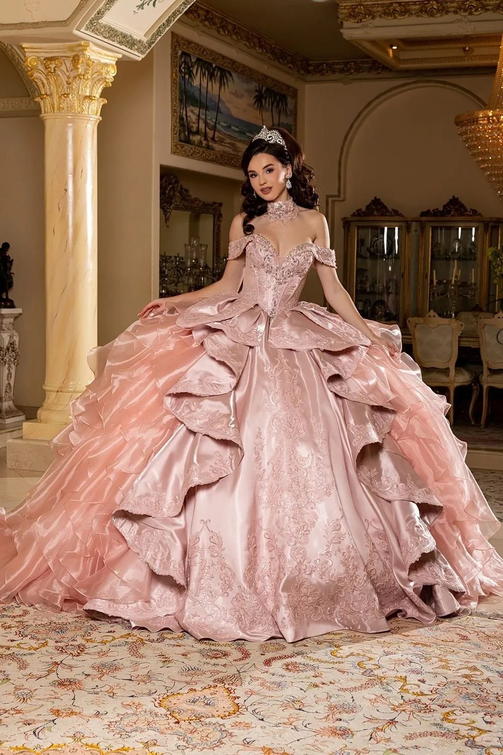 Vestido de 15 años Imperium Off Shoulder falda corte Princesa con cola y lazo