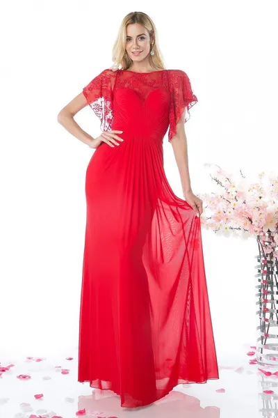 Vestido de gala en tela de chifon color Rojo con mangas y falda corte A