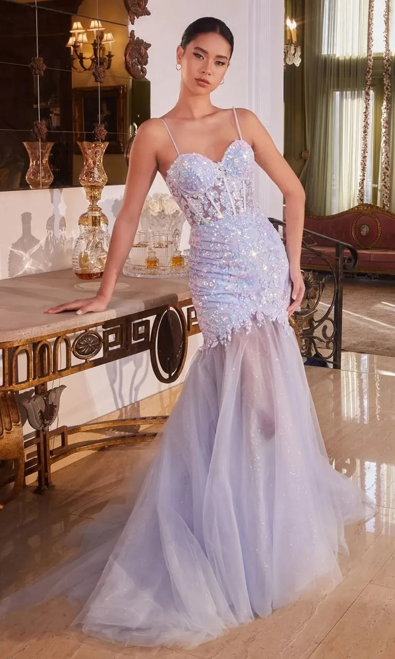 Vestido de Gala estilo corset con transparencia en tela de lentejuelas tornasol y falda corte Sirena de Tul