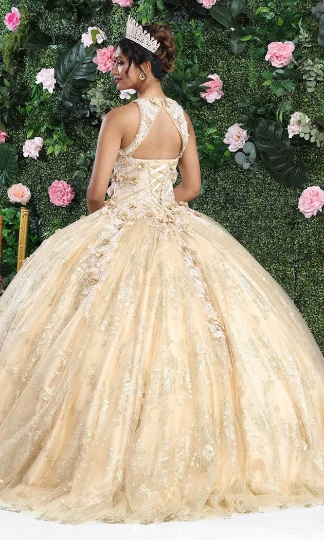Vestido de 15 años de tiras, decorado con flores en 3D y apliques de glitter, falda corte Princesa
