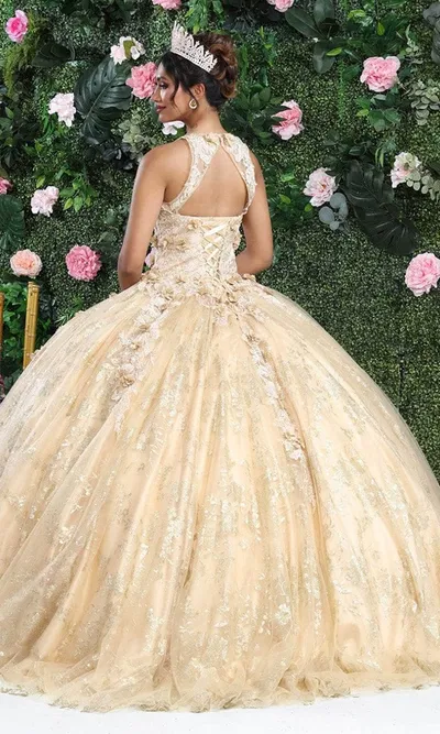 Vestido de 15 años de tiras, decorado con flores en 3D y apliques de glitter, falda corte Princesa