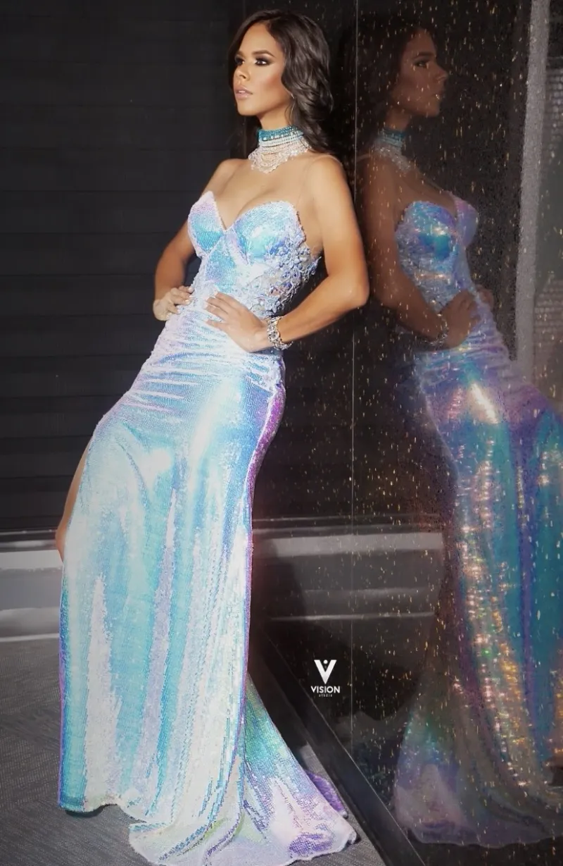 Vestido de gala Strapless ajustado color Celeste decorado con lentejuelas de tornasol y falda corte A