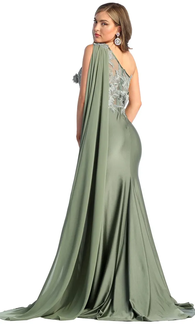 Vestido de Gala One Shoulder ajustado, decorado con apliques de flores en Top y manga con capa